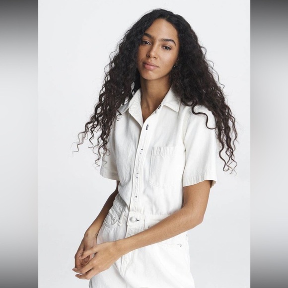 Rag & Bone All In One Denim Shirt Mini Jean Summer Dress in Off White Size XXS - Picture 2 of 12
